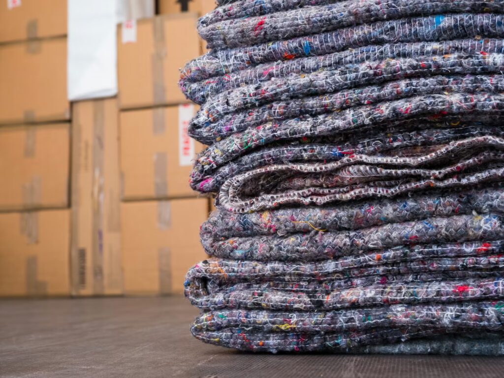 stack of moving blankets in front of a pile of moving boxes